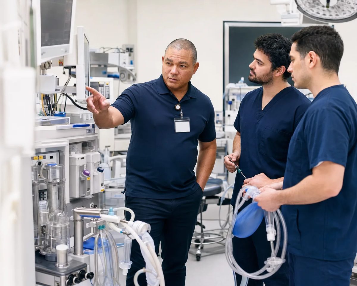 Biomedical equipment technician walking clinical staff through an anaesthesia machine in an operating room