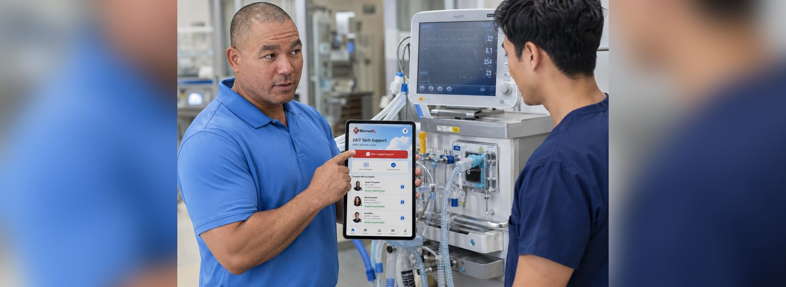 24/7 BMET tech support | BiomedRx App Biomedical technician opening 24/7 tech support in the BiomedRx App beside a ventilator