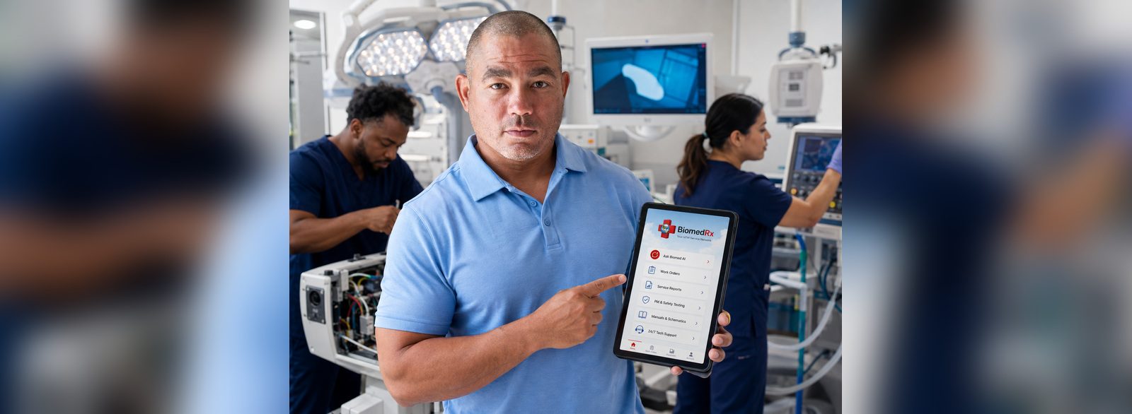 The BiomedRx App main menu | Ask Biomed AI The BiomedRx App main menu with Ask Biomed AI, work orders, service reports, PM and safety testing