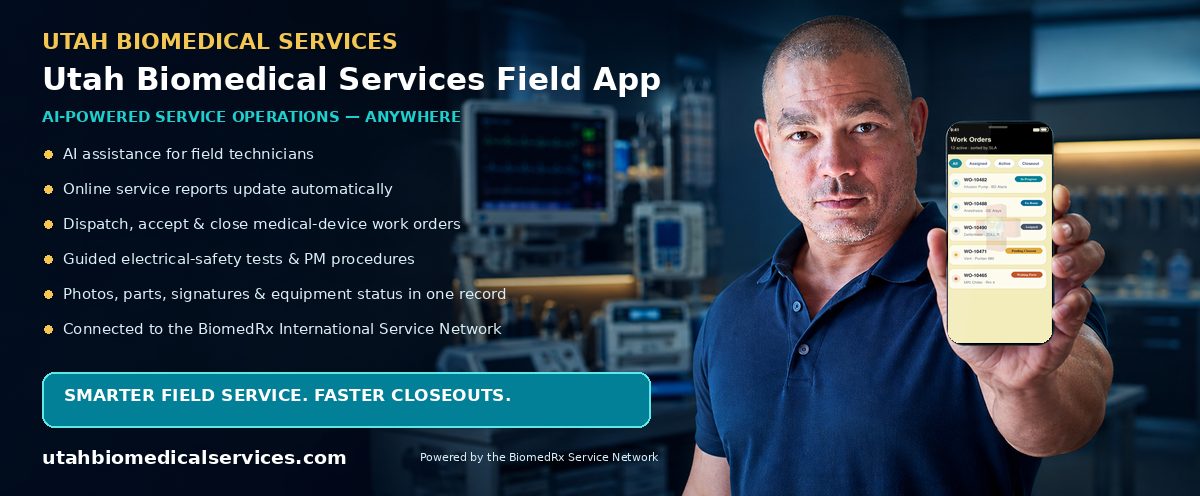 Utah Biomedical Field — AI-powered field-service mobile app; automatic online service reports, work-order dispatch, and closeout